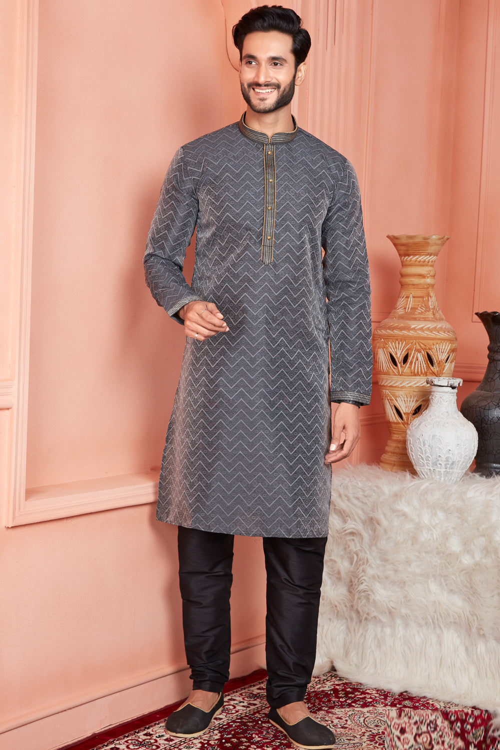 Black Jaquard Mens Kurta Pajama (NMK-8178) - Nihal Fashions