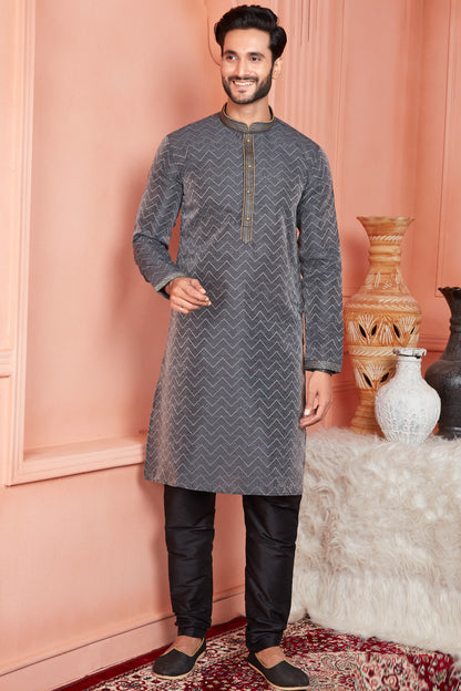 Black Jaquard Mens Kurta Pajama (NMK-8178) - Nihal Fashions