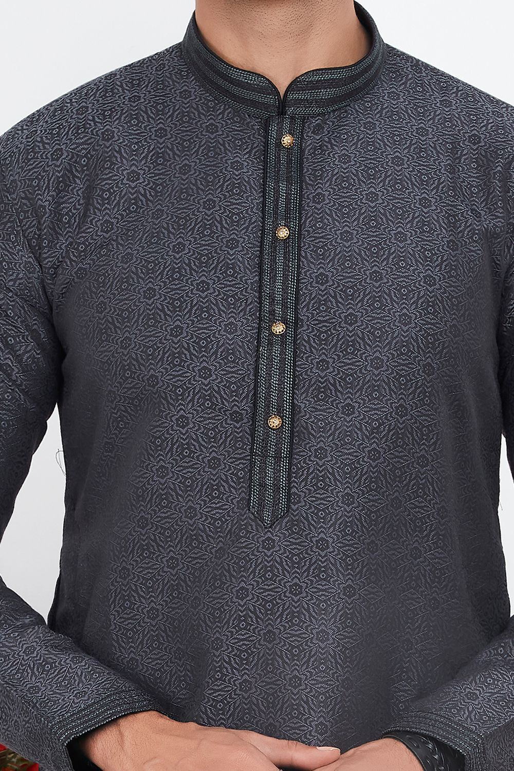 Black Jaquard Silk Brocade Kurta for Men (NMK-7749) - Nihal Fashions