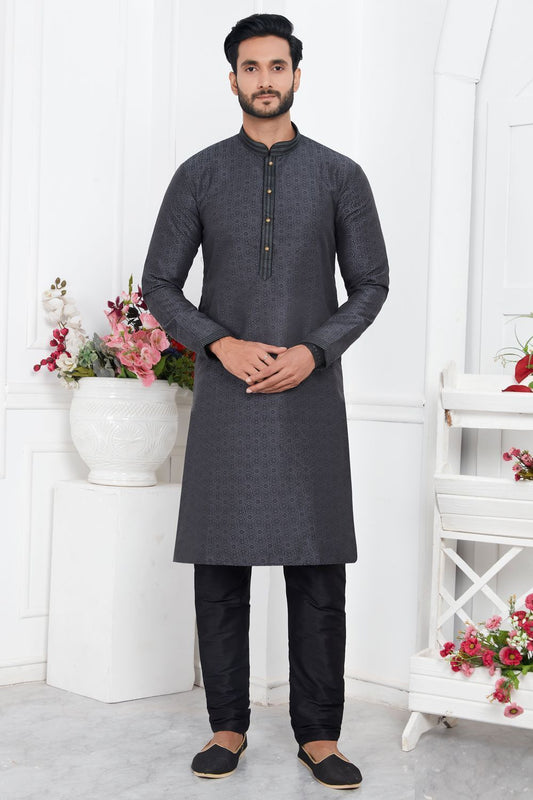 Black Jaquard Silk Brocade Kurta for Men (NMK-7749) - Nihal Fashions