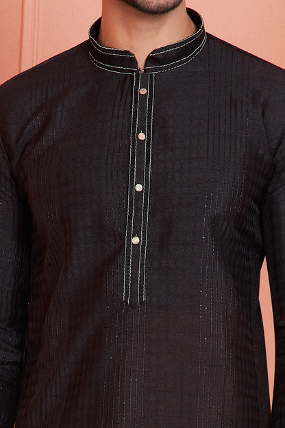 Black Jaquard Silk Brocade Kurta Pajama (NMK-8152) - Nihal Fashions