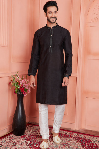 Black Jaquard Silk Brocade Kurta Pajama (NMK-8152) - Nihal Fashions
