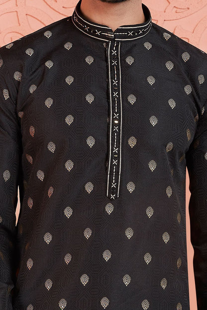 Black Jaquard Silk Brocade Mens Kurta (NMK-7767) - Nihal Fashions