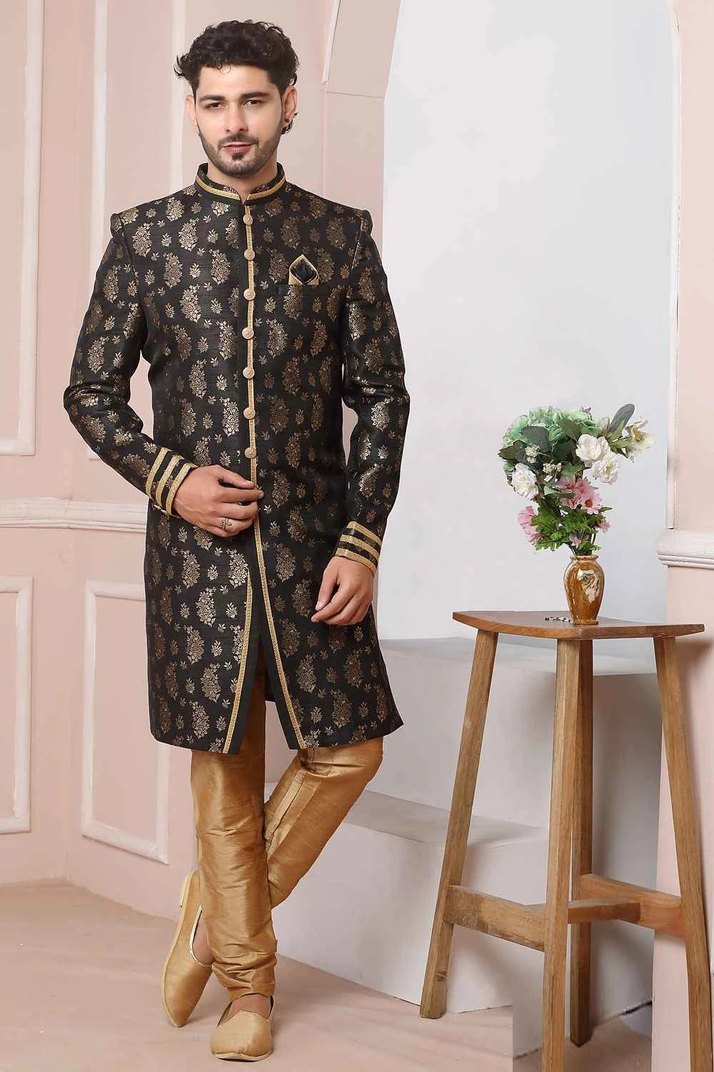 Black Jaquard Silk Indo Western (NMK-6178)