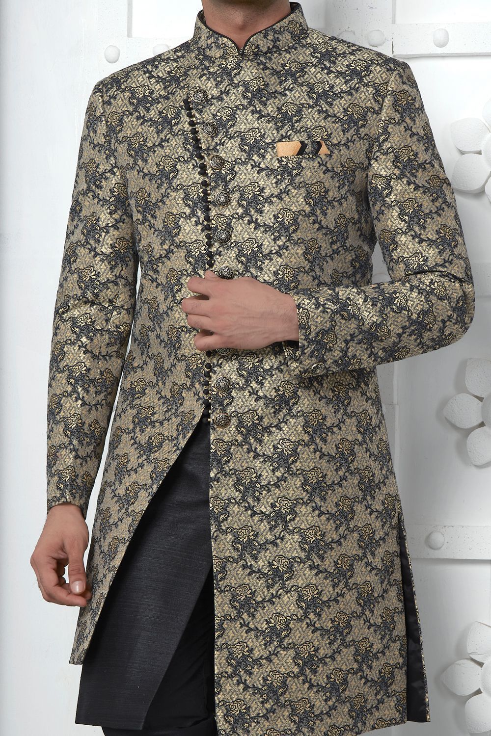 Black Jaquard Silk Indo Western (NMK-7181) - Nihal Fashions