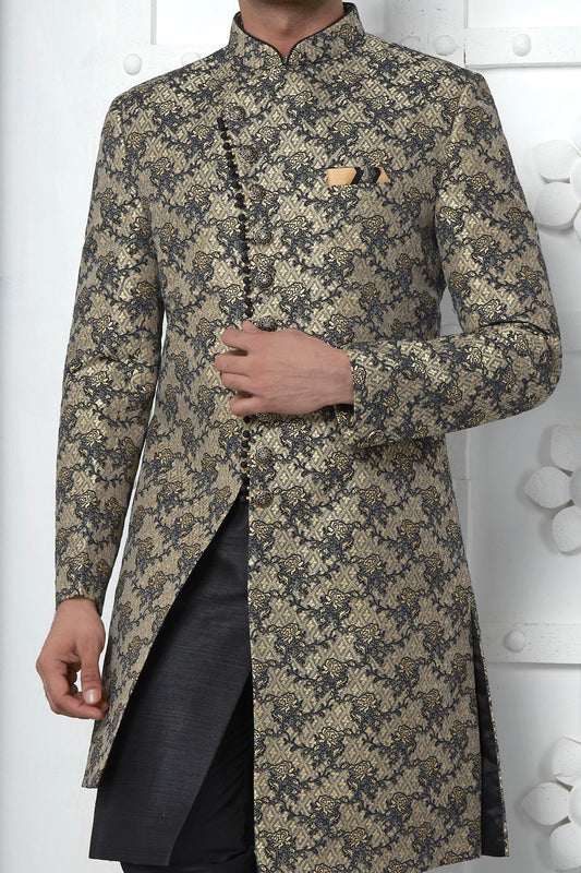 Black Jaquard Silk Indo Western (NMK-7181) - Nihal Fashions