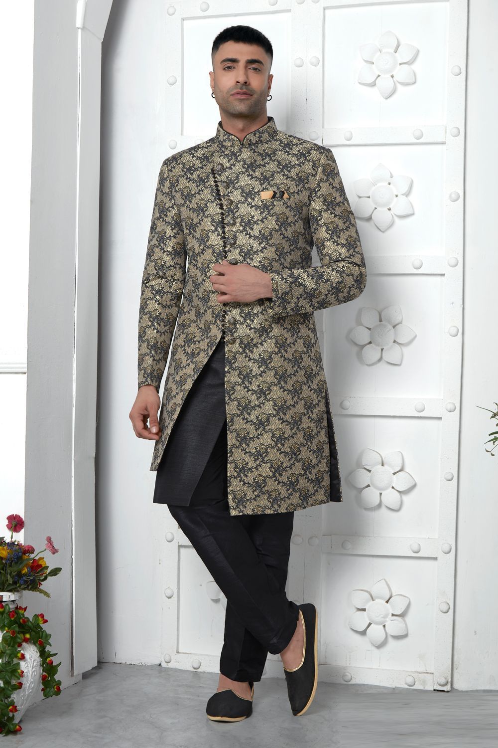 Black Jaquard Silk Indo Western (NMK-7181) - Nihal Fashions