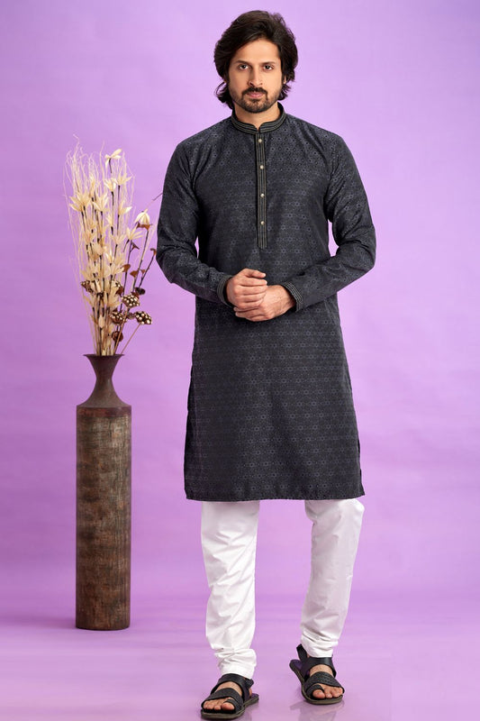 Black Jaquard Silk Kurta Pajama (NMK-7572) - Nihal Fashions