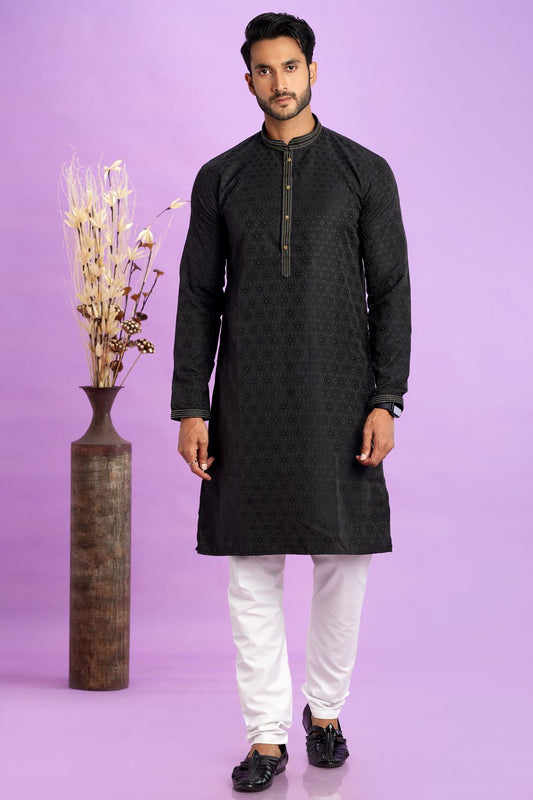 Black Jaquard Silk Kurta Pajama (NMK-7575) - Nihal Fashions
