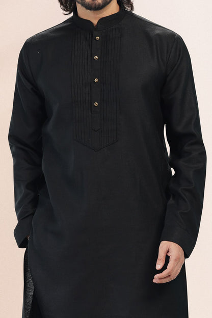 Black Linen Cotton Kurta Pajama (NMK-6737) - Nihal Fashions