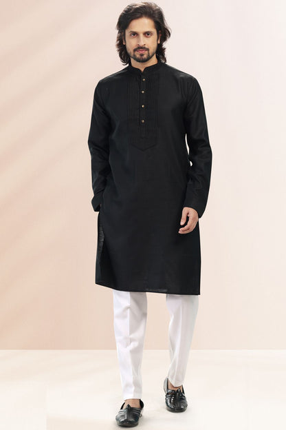 Black Linen Cotton Kurta Pajama (NMK-6737) - Nihal Fashions