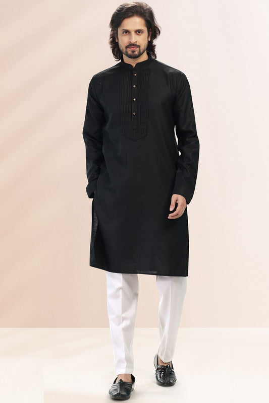 Black Linen Cotton Kurta Pajama (NMK-6737) - Nihal Fashions