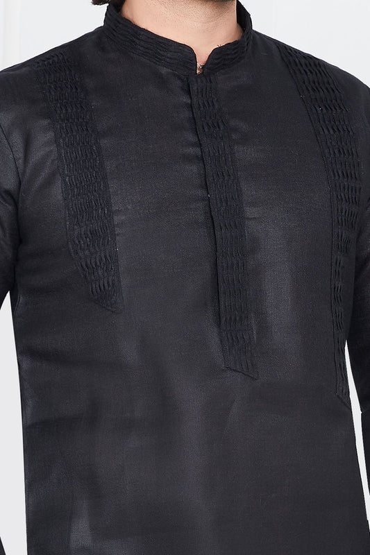 Black Linen Cotton Kurta Pajama (NMK-7582) - Nihal Fashions