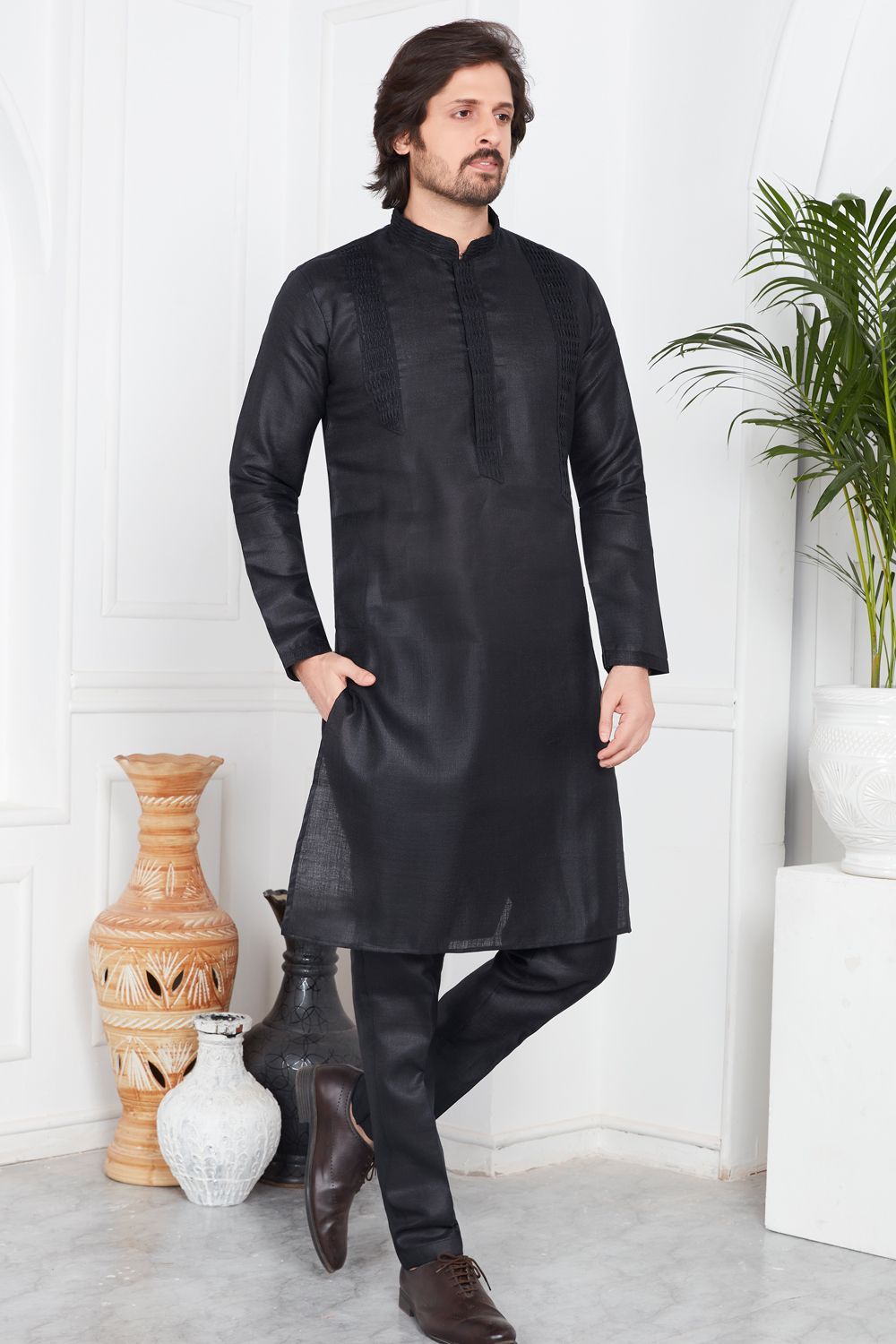 Black Linen Cotton Kurta Pajama (NMK-7582) - Nihal Fashions
