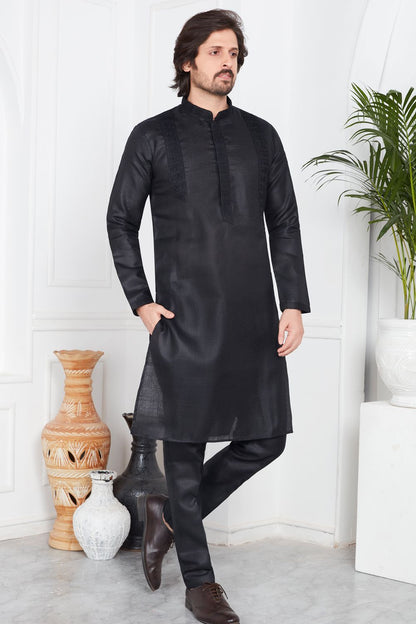 Black Linen Cotton Kurta Pajama (NMK-7582) - Nihal Fashions