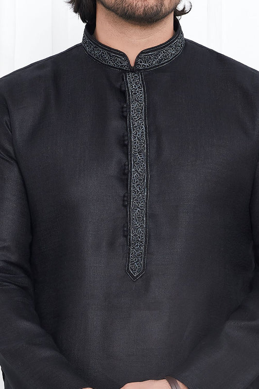 Black Linen Cotton Kurta Pajama (NMK-7596) - Nihal Fashions