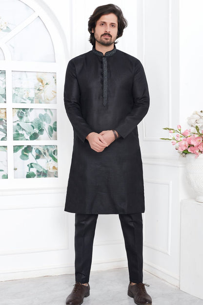 Black Linen Cotton Kurta Pajama (NMK-7596) - Nihal Fashions