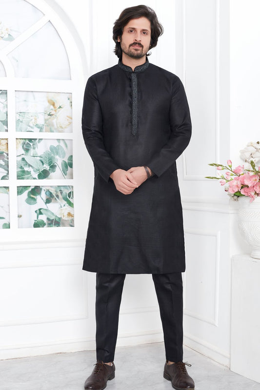 Black Linen Cotton Kurta Pajama (NMK-7596) - Nihal Fashions