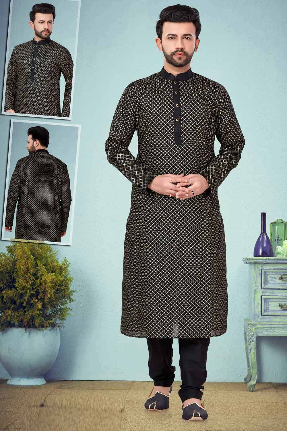 Black Printed Cotton Silk Kurta Pajama (NMK-4830)