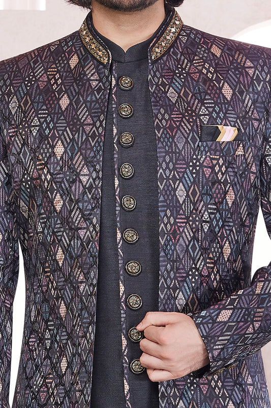 Black Silk 3 piece Jacket Set (NMK-8418) - Nihal Fashions