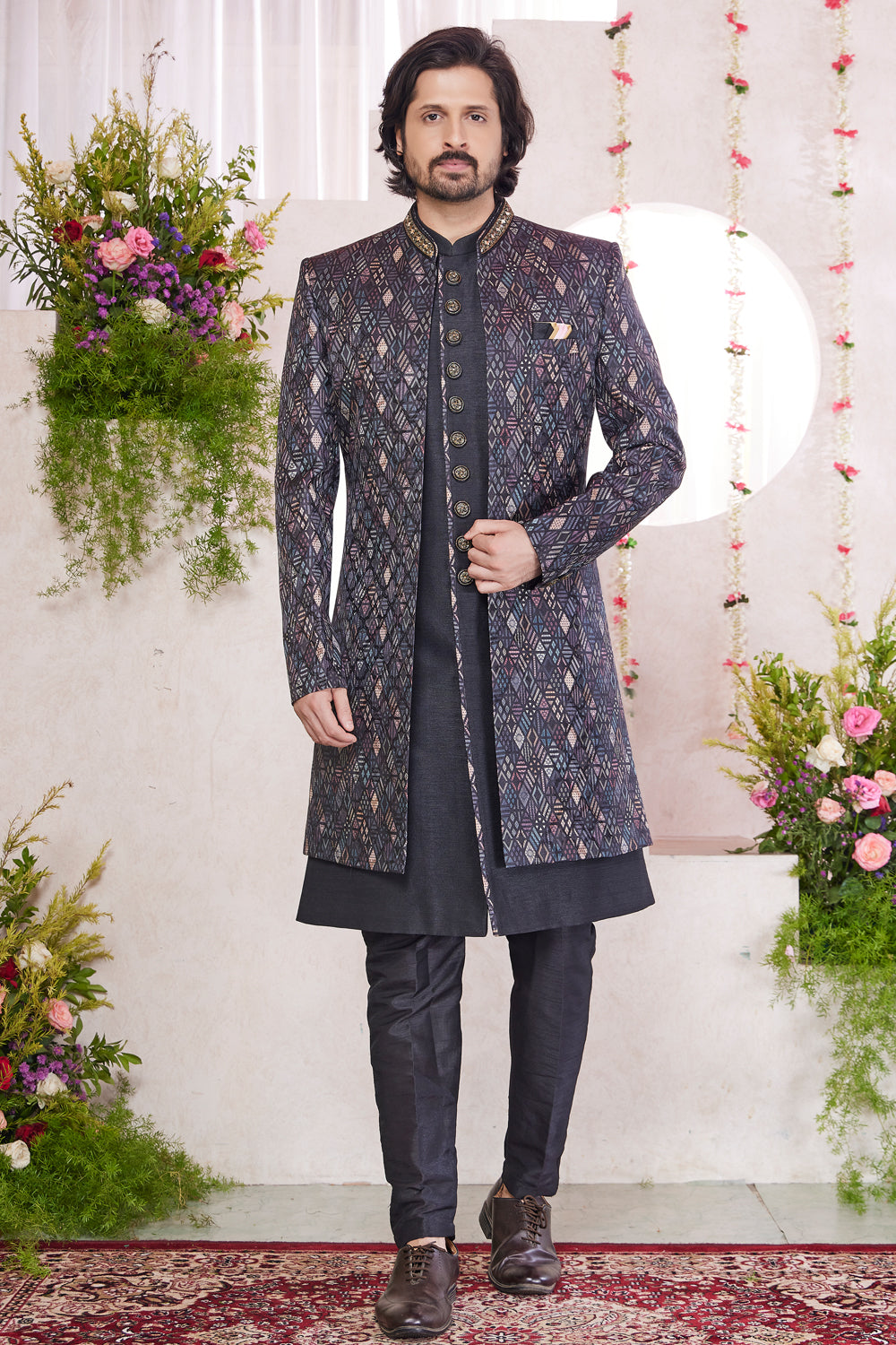Black Silk 3 piece Jacket Set (NMK-8418) - Nihal Fashions