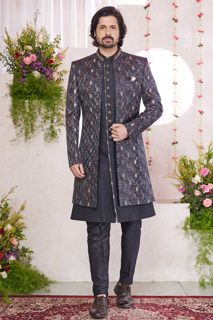 Black Silk 3 piece Jacket Set (NMK-8418) - Nihal Fashions