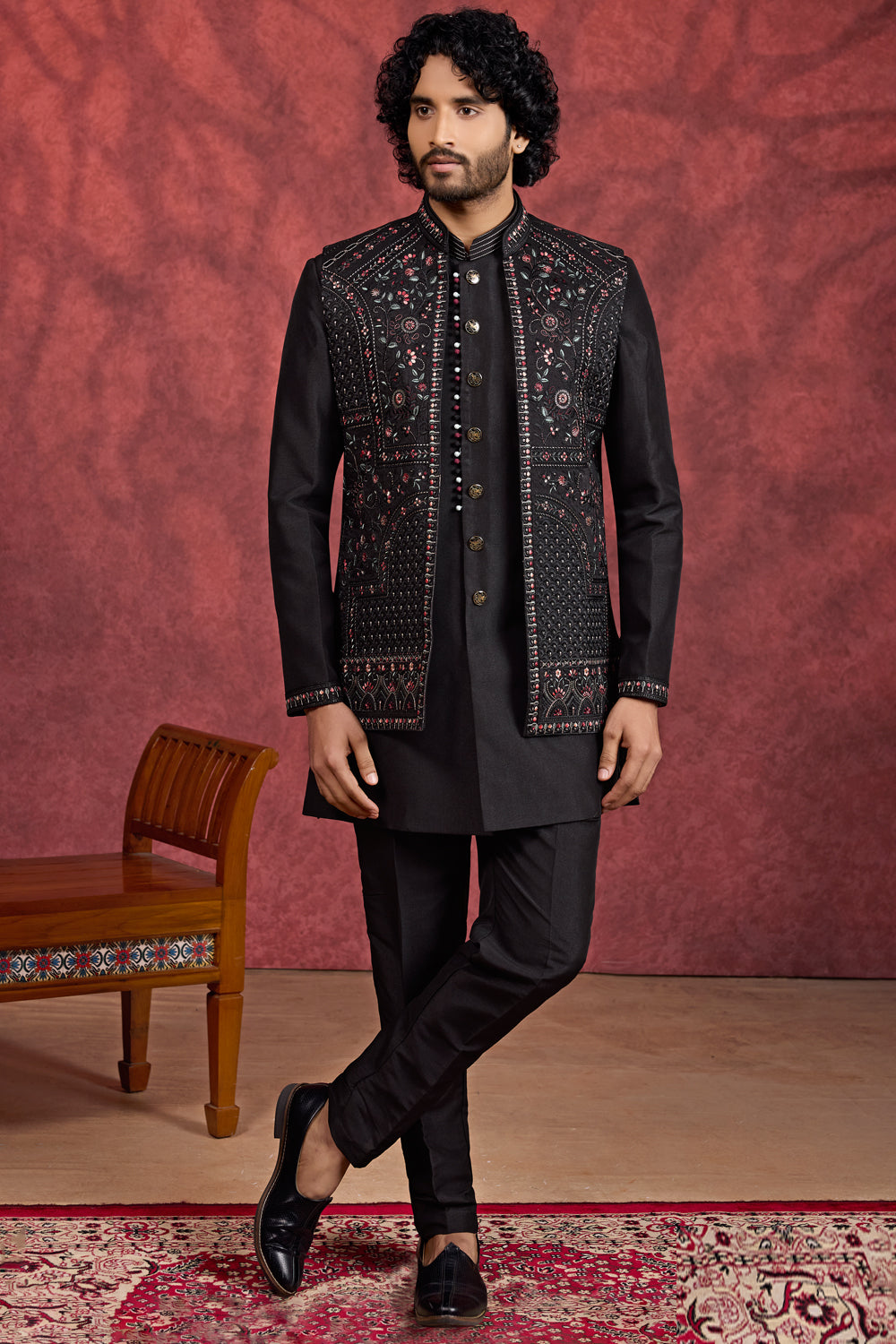 Black Silk 3 piece Long Jacket Indo Western (NMK-8692) - Nihal Fashions