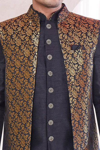 Black Silk Mens 3 piece Jacket Set (NMK-8419) - Nihal Fashions