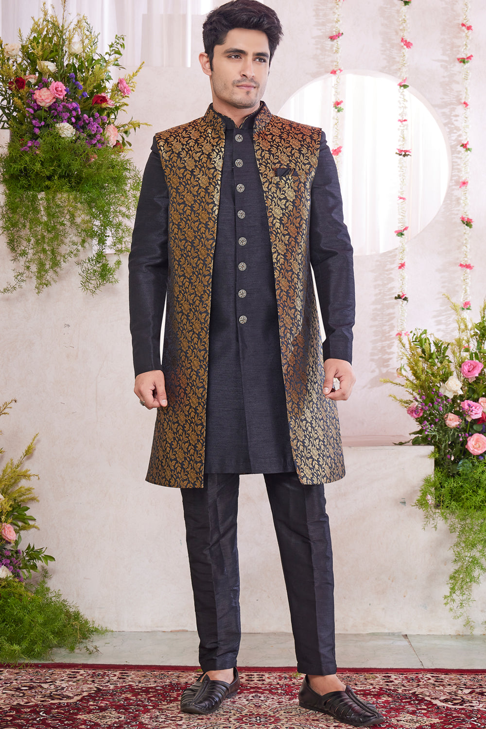 Black Silk Mens 3 piece Jacket Set (NMK-8419) - Nihal Fashions