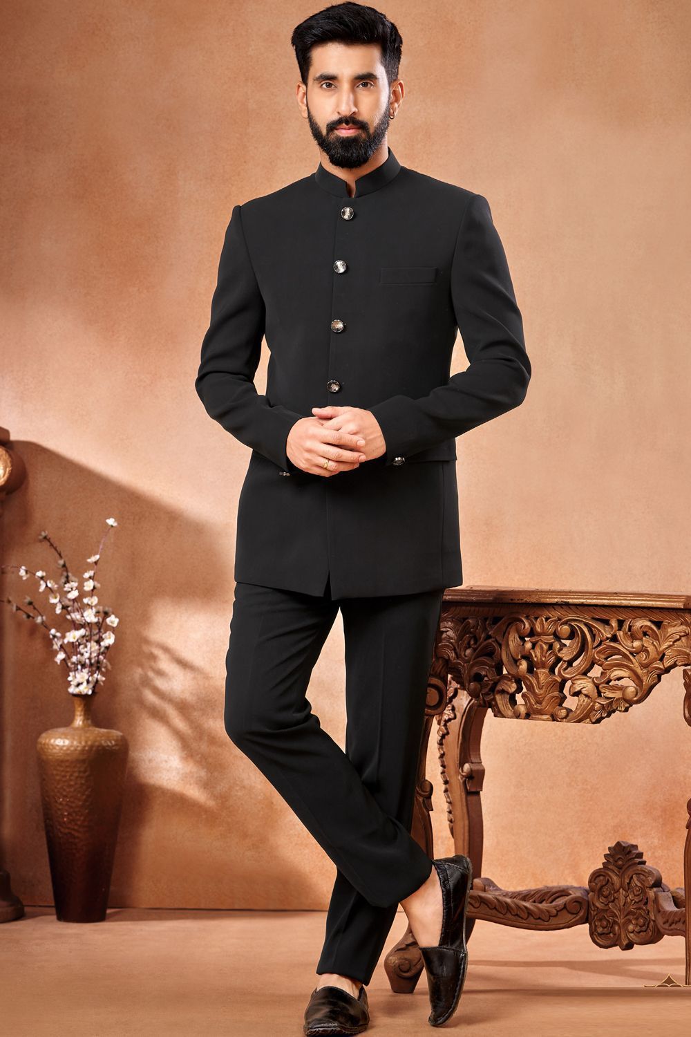 Black Synthetic Bandhgala Jodhpuri (NMK-7227) - Nihal Fashions