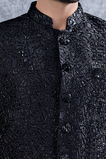 Black Tussar Silk Jodhpuri for Men (NMK-8459) - Nihal Fashions