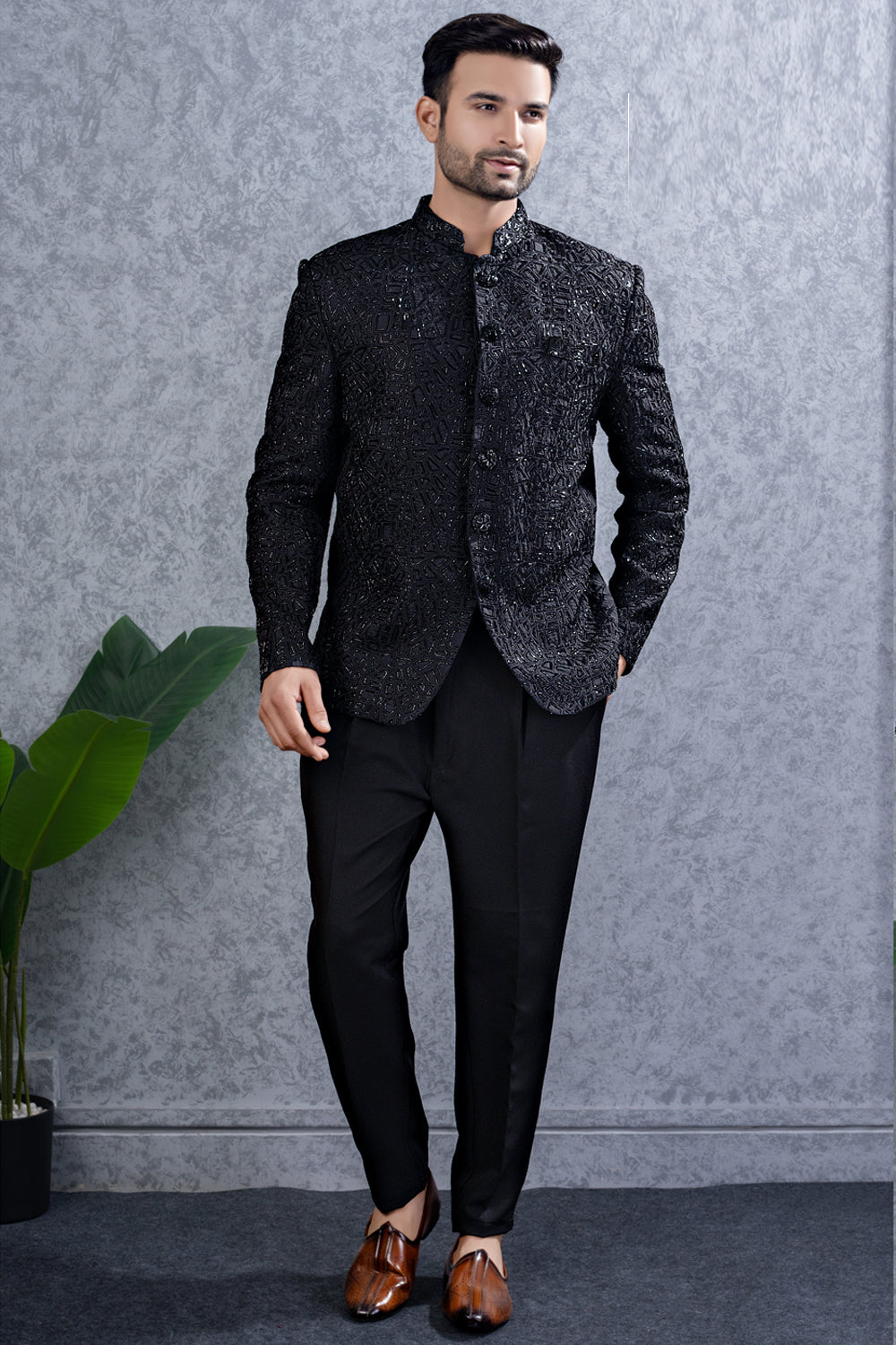 Black Tussar Silk Jodhpuri for Men (NMK-8459) - Nihal Fashions