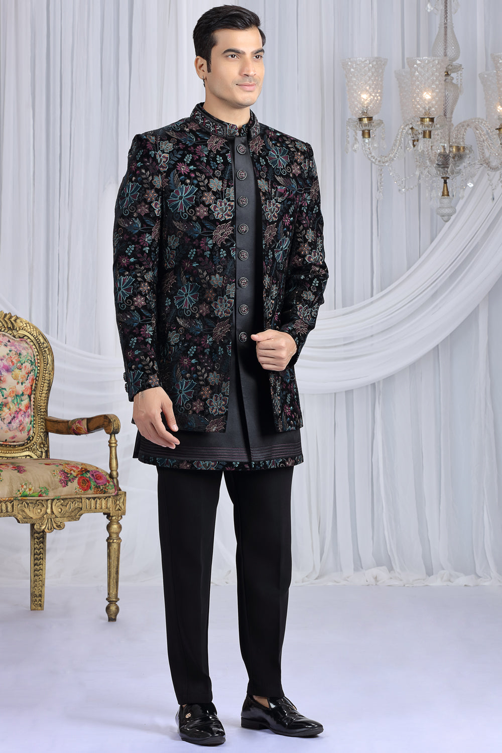 Black Velvet 3 piece Indo Western (NMK-8656) - Nihal Fashions