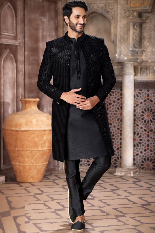 Black Velvet Art Silk Indo Western (NMK-6846) - Nihal Fashions