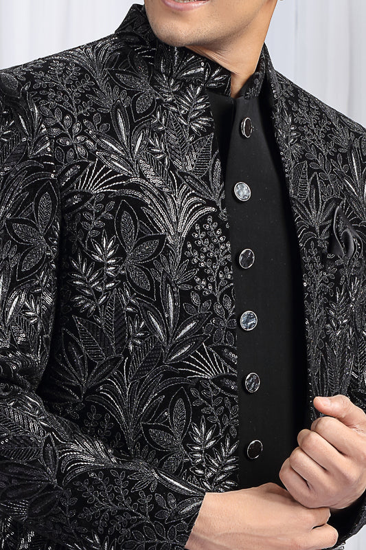 Black Velvet Mens 3 piece Indo Western (NMK-8659) - Nihal Fashions