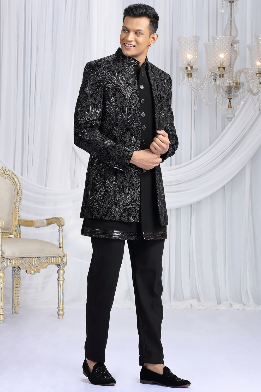 Black Velvet Mens 3 piece Indo Western (NMK-8659) - Nihal Fashions