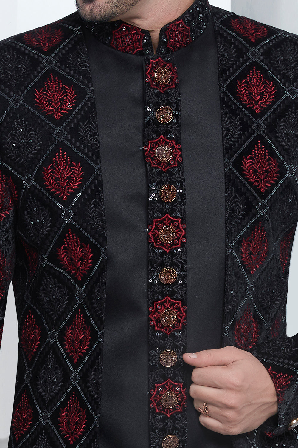 Black Velvet Silk 3 piece attached jacket set (NMK-7879) - Nihal Fashions