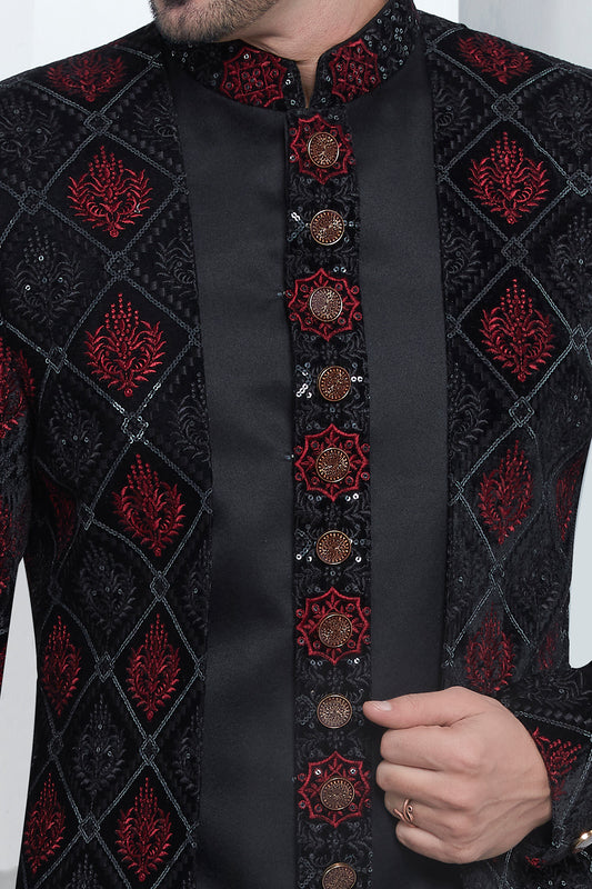 Black Velvet Silk 3 piece attached jacket set (NMK-7879) - Nihal Fashions
