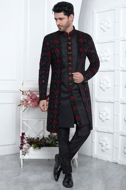 Black Velvet Silk 3 piece attached jacket set (NMK-7879) - Nihal Fashions