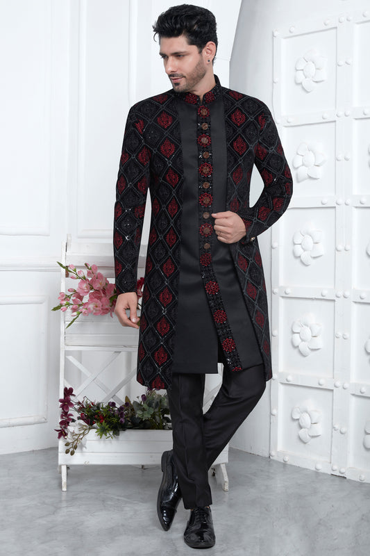 Black Velvet Silk 3 piece attached jacket set (NMK-7879) - Nihal Fashions