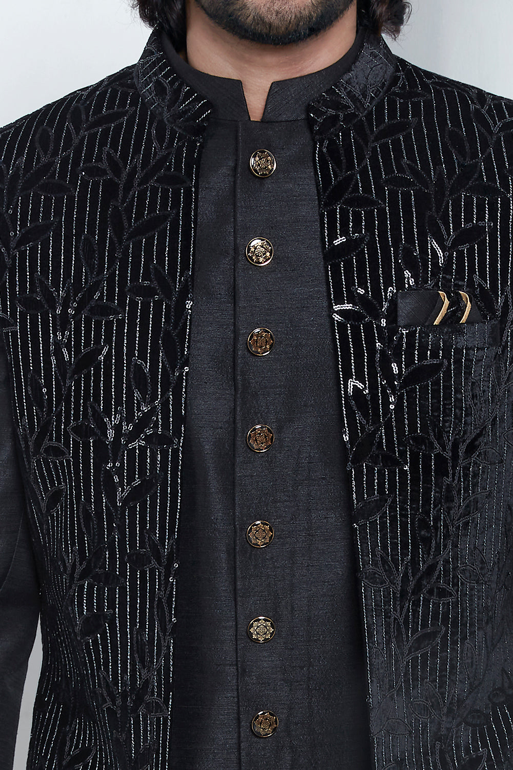 Black Velvet Silk 3 piece Jacket Set (NMK-7868) - Nihal Fashions