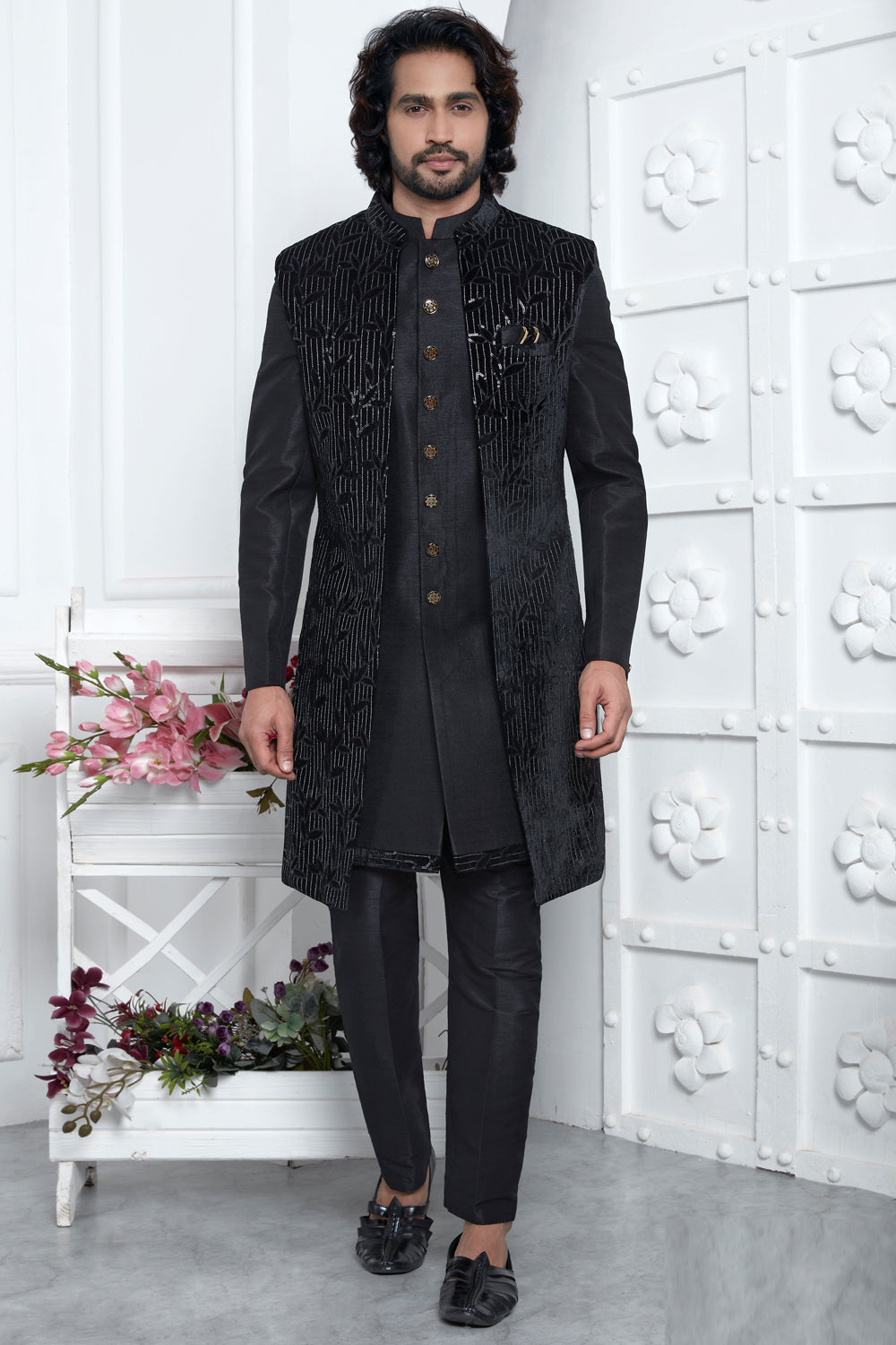Black Velvet Silk 3 piece Jacket Set (NMK-7868) - Nihal Fashions