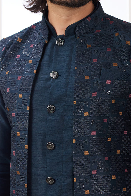 Blue Art Banarasi Silk Jacket Style Kurta (NMK-8569) - Nihal Fashions