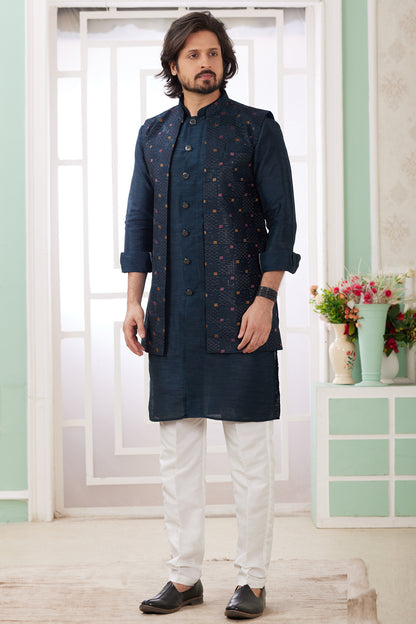 Blue Art Banarasi Silk Jacket Style Kurta (NMK-8569) - Nihal Fashions