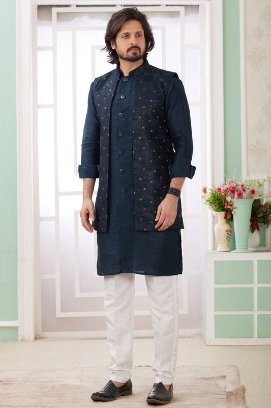 Blue Art Banarasi Silk Jacket Style Kurta (NMK-8569) - Nihal Fashions