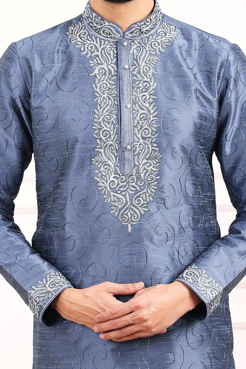 Blue Art Banarasi Silk Kurta Pajama for Men (NMK-7011) - Nihal Fashions
