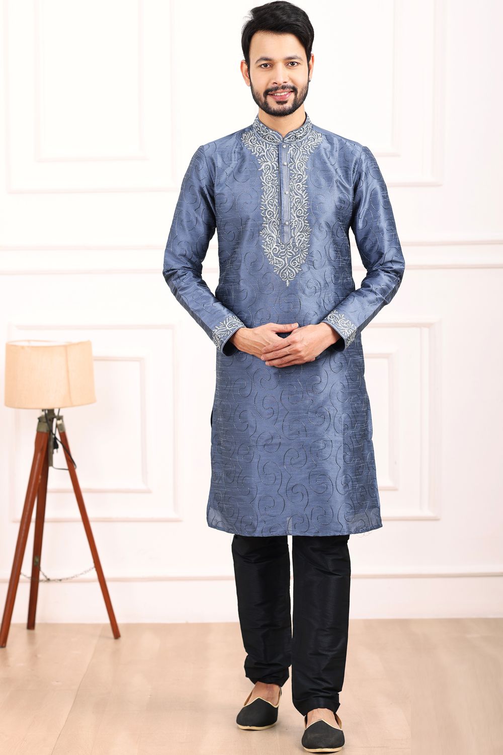 Blue Art Banarasi Silk Kurta Pajama for Men (NMK-7011) - Nihal Fashions