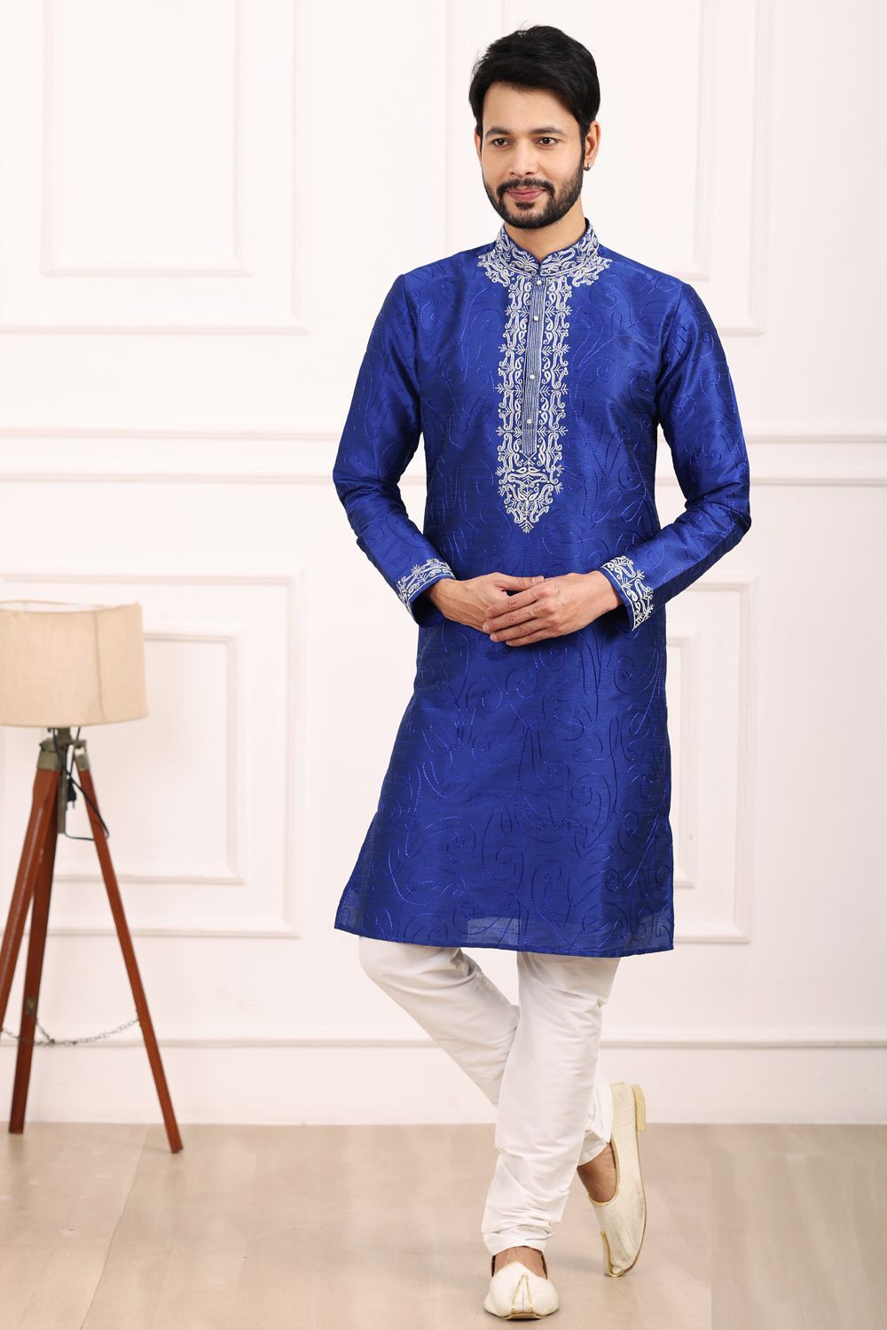 Blue Art Banarasi Silk Mens Kurta Pajama (NMK-7019) - Nihal Fashions