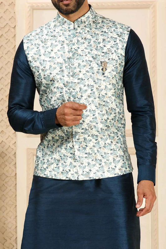 Blue Art Banarasi Silk Nehru Jacket (NMK-6362)