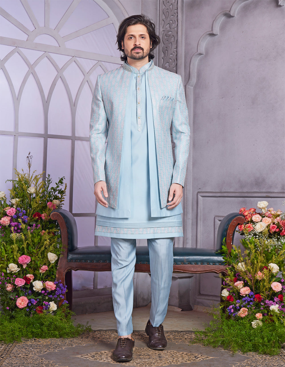 Blue Art Silk 3 Pcs Jacket Set (NMK-8325) - Nihal Fashions